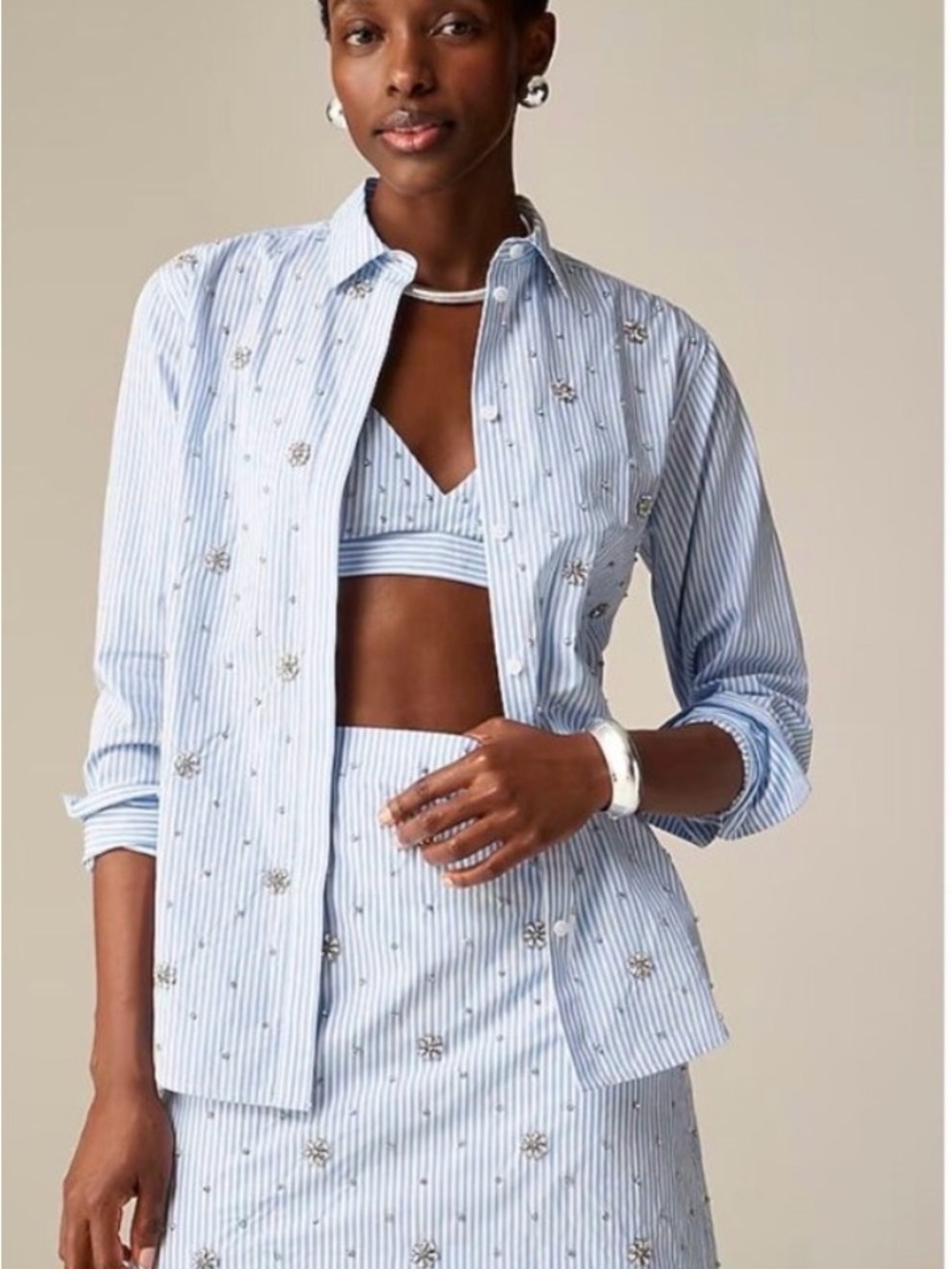 J. Crew Light Blue Striped Embellished Button-Down Shirt